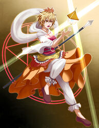  absurdres asuto3 bishamonten&#039;s_pagoda bishamonten&#039;s_spear blonde_hair commentary_request female hair_ornament highres oerba_yun_fang polearm short_hair solo spear toramaru_shou touhou weapon yellow_eyes 