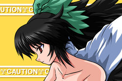  black_hair bow cape collarbone commentary_request female fue_(fuef) green_bow hairbow long_hair nude portrait profile red_eyes reiuji_utsuho solo touhou wings 