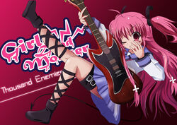  angel_beats! ankle_lace-up commentary_request cross-laced_footwear demon_tail female guitar instrument photoshop_(medium) pink_eyes pink_hair rayhwang school_uniform serafuku shinda_sekai_sensen_uniform solo tail two_side_up yui_(angel_beats!) 