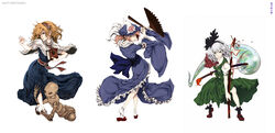  3girls absurdres alice_margatroid bad_perspective baiken commentary_request doll guilty_gear highres konpaku_youmu konpaku_youmu_(ghost) mito_anji multiple_girls parody photoshop_(medium) saigyouji_yuyuko style_parody touhou wood yuukou zappa 