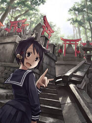  bell black_eyes black_hair black_serafuku commentary_request day female fox_shadow_puppet fox_statue from_behind fushimi_inari_taisha hair_bell hair_ears hair_ornament inuinu_(project_october) jingle_bell looking_at_viewer looking_back mini_torii multiple_torii open_mouth original outdoors photoshop_(medium) pleated_skirt school_uniform serafuku short_hair skirt sky smile solo stairs statue stone_lantern torii tree 