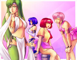  4girls blue_hair blush bow bracelet breasts catria_(fire_emblem) circlet closed_eyes commentary_request dancer elbow_gloves embarrassed est_(fire_emblem) fire_emblem fire_emblem:_mystery_of_the_emblem gloves green_eyes green_hair hairband jewelry large_breasts long_hair maria_(fire_emblem) medium_breasts multiple_girls open_mouth palla_(fire_emblem) photoshop_(medium) pink_hair red_hair ribbon short_hair smile taka_(sanoujo358) thighhighs underboob 