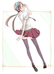  adjusting_eyewear back black_thighhighs brown_hair commentary_request evangelion:_2.0_you_can_(not)_advance female glasses green_eyes hairband ichigoo legs long_hair looking_back makinami_mari_illustrious necktie neon_genesis_evangelion photoshop_(medium) plaid plaid_skirt rebuild_of_evangelion school_uniform simple_background skirt smile solo thighhighs twintails 