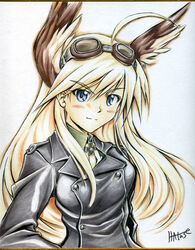  ahoge bird_girl blonde_hair blue_eyes commentary_request female goggles goggles_on_head hanna-justina_marseille head_wings jacket long_hair marker_(medium) masana_hatuse military military_uniform shikishi solo traditional_media uniform wings witches_of_africa world_witches_series 