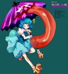  :p alphes_(style) blue_hair character_name female geta highres karakasa_obake one_eye_closed parody pfalz purple_umbrella red_eyes short_hair smile solo style_parody tatara_kogasa tongue tongue_out touhou translation_request umbrella 