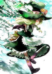  alternate_costume blonde_hair boots braid commentary_request female gloves hat highres jumping kirisame_marisa long_hair ogawa_maiko outstretched_arms petticoat plant profile smile solo spread_arms touhou witch_hat yellow_eyes 