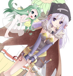  2girls alchemist_(ragnarok_online) bad_id bad_pixiv_id barefoot breast_clinging cape closed_mouth deviruchi_hat dress dutch_angle elbow_gloves eye_contact fantasy fingerless_gloves flower_in_mouth gloves gold_trim green_eyes green_hair hat highres holding holding_sword holding_weapon jintosu lif_(ragnarok_online) light_purple_hair long_hair looking_at_another multiple_girls open_mouth photoshop_(medium) purple_eyes ragnarok_online raised_eyebrows see-through see-through_silhouette short_bangs size_difference skinny slim_legs standing sundress sword tilted_headwear v_arms weapon white_dress 