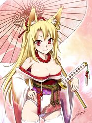  animal_ears bare_shoulders beads blonde_hair blush breasts bursting_breasts commentary_request earrings female fox_ears fundoshi inari japanese_clothes jewelry jpeg_artifacts katana kimono large_breasts long_hair necklace oil-paper_umbrella original red_eyes rope smile solo sword thighhighs tomomimi_shimon umbrella weapon white_thighhighs wide_sleeves yukata 