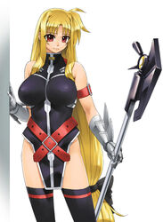  arm_belt armored_gloves bad_id bad_pixiv_id bardiche_(assault_form)_(nanoha) bardiche_(nanoha) blonde_hair breasts chyko fate_testarossa fate_testarossa_(true_sonic_form) female gloves holding holding_staff large_breasts long_hair low-tied_long_hair lyrical_nanoha mahou_shoujo_lyrical_nanoha_strikers photoshop_(medium) red_eyes solo staff thighhighs very_long_hair 