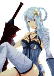  bad_id bad_pixiv_id bandages blue_hair braid chemise female flower gloves hair_flower hair_ornament highres kaine_(nier) lingerie matano_maya negligee nier nier_(series) panties red_eyes simple_background sitting solo thighhighs underwear weapon 