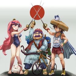  2boys asuka_(fuurai_no_shiren) barefoot between_breasts bicycle breasts brown_hair cape coppa crossed_swords crossover dragon_quest dragon_quest_iv facial_hair feline female flag_background fuurai_no_shiren goggles goggles_on_head hand_on_own_hip hat headband helmet japan japanese_flag katsuma_(perestronica) moustache mouth_hold multiple_boys name_tag one-piece_swimsuit pink_hair ponytail purple_hair rapier red_sun sandogasa school_swimsuit shiren_(fuurai_no_shiren) shoes slime_(creature) slime_(dragon_quest) sneakers stalk_in_mouth swimsuit sword torneko weapon 