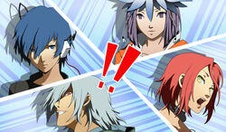  ! !! 2boys 2girls all-out_attack blue_eyes blue_hair commentary_request devil_survivor feathers green_eyes harusawa_yoshino headphones kamakiri kuzuryuu_amane multiple_boys multiple_girls naoya_(devil_survivor) open_mouth parody persona persona_3 persona_3_portable protagonist_(devil_survivor) purple_eyes purple_hair red_eyes red_hair white_hair 