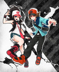  1boy abe_(f!mixture) bad_id bad_pixiv_id bag baseball_cap black_hair blue_eyes boots brown_eyes brown_hair curly_hair denim denim_shorts female handbag hat hilbert_(pokemon) hilda_(pokemon) jacket messenger_bag one_eye_closed pants pokemon pokemon_bw ponytail shoes short_shorts shorts shoulder_bag smile smirk sneakers tank_top vest zipper 