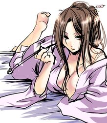  bad_id bad_pixiv_id barefoot breasts brown_eyes brown_hair cleavage feet female hair_ornament highres huge_breasts japanese_clothes kanzashi kimono kiseru kobanzame long_hair lying on_stomach original sketch smoking_pipe solo the_pose yuujo 