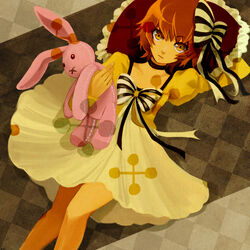  bad_id bad_pixiv_id brown_background brown_eyes brown_hair dress female hair_ornament heartcatch_precure! migita myoudouin_itsuki photoshop_(medium) precure ribbon short_hair solo striped striped_ribbon stuffed_animal stuffed_rabbit stuffed_toy yellow_dress 