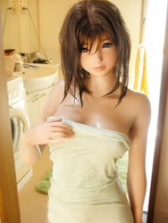  bad_id bad_pixiv_id bathroom blue_eyes brown_hair doll female highres hinemaru long_hair naked_towel off-topic original photo_(medium) realdoll sex_doll solo towel wet 