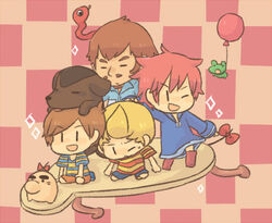  3boys balloon blonde_hair boney brown_hair canine claus_(mother_3) closed_eyes commentary_request doseisan duster_(mother) facial_hair female frog kumatora lucas_(mother_3) mother_(game) mother_3 moustache multiple_boys one_eye_closed pink_hair quiff rope_snake short_hair siblings smile tomboy tsutsuji twins |_| 