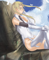  blonde_hair bodysuit claymore_(series) commentary_request dietrich elbow_gloves female gloves highres legs long_hair no_panties nyami photoshop_(medium) sitting solo thighhighs 