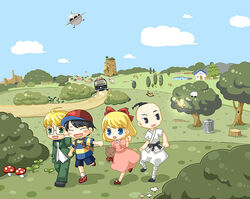  3boys bad_id bad_pixiv_id black_eyes black_hair blonde_hair blue_eyes bug butterfly female formal glasses green_eyes hagino_chiyoko hat helpful_mole jeff_andonuts mobile_sprout mother_(game) mother_2 motor_vehicle multiple_boys ness_(mother_2) paula_(mother_2) poo_(mother_2) ramblin&#039;_evil_mushroom ribbon scenery smile stuffed_animal stuffed_toy suit ufo van 