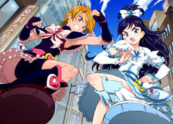  2girls angry armpits bike_shorts blue_eyes blue_hair boots brooch brown_eyes brown_hair commentary_request cure_black cure_white earrings elbow_gloves fingerless_gloves futari_wa_precure gloves half_updo heart heart_brooch heart_earrings jewelry knee_boots long_hair magical_girl misumi_nagisa multiple_girls nisemon perspective precure shorts shorts_under_skirt white_footwear yukishiro_honoka 