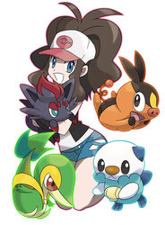  baseball_cap blue_eyes commentary_request d_(pixiv544157) denim denim_shorts female hat hilda_(pokemon) oshawott pokemon pokemon_(creature) pokemon_bw ponytail shorts snivy starter_pokemon_trio tepig zorua 