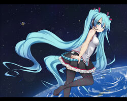  aqua_eyes aqua_hair blush commentary_request detached_sleeves earth_(planet) female floating floating_hair hatsune_miku hayabusa_(spacecraft) headphones headset highres letterboxed long_hair md5_mismatch necktie planet resolution_mismatch satellite sei000 skirt smile solo source_larger space spacecraft striped_clothes striped_thighhighs thighhighs twintails very_long_hair vocaloid 