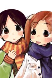  2girls bad_id bad_pixiv_id blush brown_eyes brown_hair coat highres ichigo_mashimaro itou_chika matsuoka_miu multiple_girls oimu_(ununsan) scarf short_hair striped_clothes striped_scarf twintails 