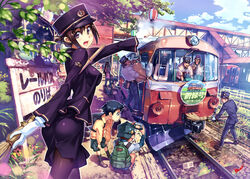  3girls 6+boys ass bag black_hair broom brown_eyes brown_hair camera commentary_request glasses gloves hat lolicon multiple_boys multiple_girls muscular muscular_male original outdoors pantyhose pencil_skirt railroad_tracks real_world_location shako_cap short_hair single-lens_reflex_camera skirt train train_attendant train_station travel_attendant uniform vania600 