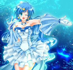  bikuto_ryuu blue_eyes blue_hair commentary_request dress earrings female gloves hair_ornament hairclip houshou_hanon houshou_hanon_(idol) jewelry mermaid_melody_pichi_pichi_pitch microphone one_eye_closed photoshop_(medium) solo star_(symbol) star_hair_ornament 