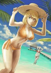  aqua_eyes ashley_graham bad_id bad_pixiv_id beach bikini blonde_hair breasts cleavage cloud day female hat hayadai large_breasts navel ocean outdoors pier regenerador resident_evil resident_evil_4 short_hair side-tie_bikini_bottom sky straw_hat sun_hat swimsuit water when_you_see_it 