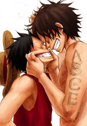  2boys airotagivan bad_id bad_pixiv_id cheek_pinching closed_eyes face_stretching happy hat monkey_d._luffy multiple_boys one_piece pinching portgas_d._ace simple_background smile straw_hat tattoo 