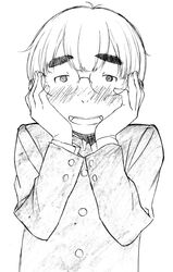  1boy ariga_makoto bad_id bad_pixiv_id blush glasses greyscale hands_on_own_face hourou_musuko male_focus monochrome open_mouth sawa_jaaji school_uniform smile solo 