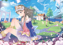  atelier_(series) atelier_totori bare_shoulders blue_sleeves boots brown_eyes brown_hair day female flower happy house ken-1 knee_boots long_hair outdoors petals photoshop_(medium) ship skirt sky smile solo staff totooria_helmold watercraft 