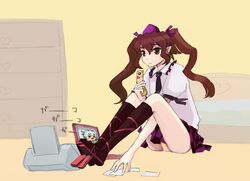  brown_eyes brown_hair cellphone checkered_clothes checkered_skirt commentary_request computer expressionless female geta hat himekaidou_hatate izayoi_sakuya laptop necktie panties phone pinzu pointy_ears printer short_hair sitting skirt solo tengu-geta tokin_hat touhou twintails underwear 