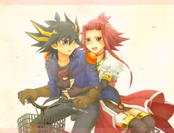  1boy bad_id bad_pixiv_id bicycle black_hair blue_eyes female fudo_yusei izayoi_aki multicolored_hair pillion red_hair shito_(008_xx1) sidesaddle yellow_eyes yu-gi-oh! yu-gi-oh!_5d&#039;s 