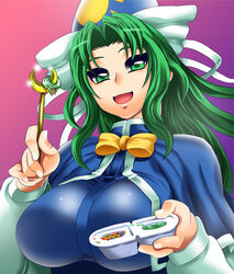  bow breasts commentary_request female food ginnyo green_eyes green_hair hat large_breasts long_hair mima_(touhou) nerunerunerune open_mouth photoshop_(medium) solo touhou touhou_(pc-98) wand wizard_hat 