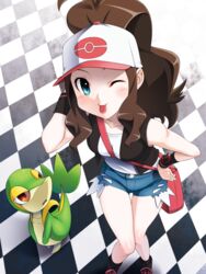  :p bag baseball_cap blue_eyes body_blush boots brown_hair c-gear checkered commentary_request curly_hair cutoffs denim denim_shorts exposed_pocket female hand_on_own_hip handbag hat hilda_(pokemon) legs long_hair md5_mismatch one_eye_closed pokemon pokemon_(creature) pokemon_bw ponytail shorts snivy tank_top thighs tongue tongue_out vest watch wristband wristwatch xtransceiver yagitori 