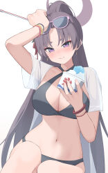  absurdres bikini black_bikini blue_archive blush bracelet brain_freeze breasts cleavage closed_mouth commentary_request cup eyewear_on_head female food highres holding holding_cup hotarihotaru jewelry large_breasts long_hair looking_at_viewer multiple_bracelets navel oerba_yun_fang official_alternate_costume official_alternate_hairstyle open_clothes open_shirt parted_bangs partial_commentary ponytail purple-framed_eyewear purple_eyes purple_hair shaved_ice shirt short_sleeves skin_fang solo stomach sunglasses swimsuit tears white_shirt yukari_(blue_archive) yukari_(swimsuit)_(blue_archive) 