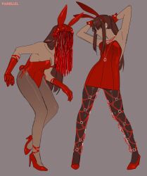  1other animal_ear_hairband animal_ears arms_behind_back black_leggings blonde_hair contrapposto dress earrings elbow_gloves faceless fake_animal_ears female gloves hairband high_heels high_ponytail highres intestine_clothing jewelry lace lace_legwear leggings leotard long_hair multiple_views necklace original par0llel ponytail rabbit_ear_hairband rabbit_ears red_dress red_gloves red_leotard ring ring_necklace sidelocks stud_earrings tiptoes veil wrist_cuffs 