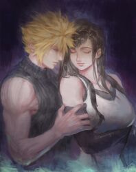  1boy absurdres arm_under_breasts bare_arms bare_shoulders black_gloves black_hair blonde_hair blue_eyes breasts closed_eyes closed_mouth cloud_strife crop_top earrings elbow_gloves english_commentary facing_another female final_fantasy final_fantasy_vii final_fantasy_vii_rebirth final_fantasy_vii_remake gloves hand_on_another&#039;s_arm heads_together highres jewelry large_breasts leaning_on_person light_smile long_hair midriff profile ribbed_sweater short_hair single_earring sleeveless sleeveless_turtleneck spiked_hair suspenders sweater tank_top tifa_lockhart toned toned_male turtleneck turtleneck_sweater twitter_username upper_body white_tank_top zoewingsz 