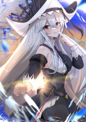  akabeko123 arknights bare_shoulders black_hat black_pantyhose black_sleeves blush caustics closed_mouth cowboy_shot day detached_sleeves diffraction_spikes female finger_to_mouth fingernails grey_hair grey_nails hair_between_eyes hat highres long_hair long_sleeves nail_polish outdoors pantyhose red_eyes smile solo specter_(arknights) specter_the_unchained_(arknights) standing sunlight torn_clothes torn_pantyhose two-sided_fabric two-sided_headwear water white_hat 