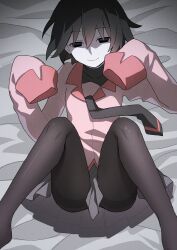  absurdres ass bed_sheet between_legs black_eyes black_hair black_necktie black_pantyhose black_undershirt bob_cut breasts closed_mouth collared_shirt commentary covered_collarbone dress_shirt empty_eyes feet_out_of_frame female film_grain from_above grey_skirt hair_between_eyes highres juliet_sleeves knees_up long_sleeves lying m_legs manimani_(mani_ma) messy_hair monogatari_(series) naoetsu_high_school_uniform necktie no_shoes on_back on_bed oshino_ougi pale_skin pantyhose paw_pose pink_shirt pleated_skirt puffy_sleeves school_uniform shaded_face shirt short_hair skirt sleeves_past_fingers sleeves_past_wrists small_breasts smile solo spread_legs symbol-only_commentary turtleneck upskirt very_long_sleeves 