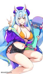  absurdres animal_ears bare_legs bare_shoulders beret bikini bikini_top_only black_choker black_shorts blue_hair breasts choker cleavage closed_mouth clothing_cutout commentary cropped_jacket cutoffs female fox_ears fox_girl fox_shadow_puppet fox_tail foxyreine green_eyes hand_up hat highres holding jacket large_breasts long_hair long_sleeves looking_at_viewer midriff multicolored_hair navel off_shoulder orange_bikini original purple_hat purple_jacket short_shorts shorts side_cutout sister_reine_(foxyreine) skateboard smile solo stomach string_bikini swimsuit tail thighs tongue tongue_out two-tone_hair very_long_hair 