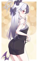  absurdres bare_shoulders black_bow black_choker black_dress black_hair black_horns black_nails blue_archive blush bow breasts choker demon_horns demon_wings dress ear_piercing female grey_halo hairbow halo highres horns kayoko_(blue_archive) kayoko_(dress)_(blue_archive) long_hair looking_at_viewer medium_breasts multicolored_hair nail_polish official_alternate_costume panty_straps piercing purple_wings red_eyes single_wing solo strap_pull tabibito_(pew_cpotty) white_hair wings 