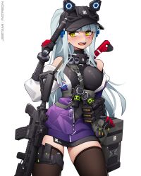  absurdres artist_name assault_rifle bag baseball_cap black_gloves black_hat black_thighhighs blush breasts commentary female flashbang girls&#039;_frontline girls&#039;_frontline_2:_exilium gloves green_eyes gun h&amp;k_hk416 hand_up hat highres hk416_(girls&#039;_frontline) holding_baton_(weapon) jacket jestami klukai_(girls&#039;_frontline_2) magazine_(weapon) multicolored_jacket off_shoulder open_mouth partially_unzipped purple_jacket rifle simple_background smile solo tattoo teardrop_facial_mark teardrop_tattoo teeth thighhighs two-tone_jacket upper_teeth_only weapon white_background white_jacket 
