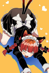 ^_^ alternate_costume animal_ears apron back_bow black_dress blush bollzzalguy bow braid cat_ears cat_girl cat_tail closed_eyes dress enmaided extra_ears female hairbow hashtag-only_commentary heart highres juliet_sleeves kaenbyou_rin long_hair long_sleeves maid maid_headdress multiple_tails oerba_yun_fang open_mouth orange_background pointy_ears puffy_sleeves red_bow red_hair solo stretching tail top-down_bottom-up touhou twin_braids two_tails white_apron white_bow 