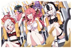  &gt;_&lt; 5girls :d ahoge alternate_costume aru_(blue_archive) bikini black_bikini black_hair black_nails blue_archive blush breasts canine closed_eyes feline flower frills grey_halo hair_bun hair_flower hair_ornament halo hand_up haruka_(blue_archive) highres holding horns hoshino_(blue_archive) ideolo kayoko_(blue_archive) large_breasts long_hair multicolored_hair multiple_girls mutsu_(kancolle) navel open_mouth orange_halo pink_hair pink_halo ponytail purple_hair purple_halo red_bikini red_eyes red_hair red_halo robot roller_coaster single_hair_bun smile swimsuit thigh_strap white_bikini white_hair x_x xd 