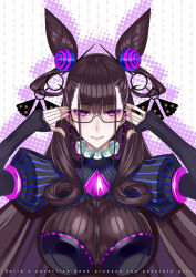  3: adjusting_eyewear beads black_dress breasts closed_mouth cone_hair_bun dress eyewear_strap fate/grand_order fate_(series) female gem glasses hair_bun hair_ornament highres honjou_raita juliet_sleeves large_breasts long_hair long_sleeves looking_at_viewer murasaki_shikibu_(fate) murasaki_shikibu_(second_ascension)_(fate) pentagram puff_and_slash_sleeves puffy_sleeves purple_eyes purple_gemstone purple_hair solo symbol-shaped_pupils two_side_up very_long_hair wide_sleeves 