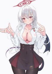  absurdres backlighting black_pantyhose black_skirt blue_archive blush bow braid breasts buttons cleavage closed_mouth collarbone collared_shirt commentary cowboy_shot demon_girl demon_tail demon_wings double-breasted eyelashes eyes_visible_through_hair female frown hair_between_eyes hair_intakes hairbow halo hands_up haruna_(blue_archive) high-waist_skirt highres hot large_breasts long_hair long_sleeves looking_at_viewer no_bra no_headwear open_clothes open_shirt pantyhose red_eyes red_halo school_uniform see-through_clothes see-through_shirt shirt single_braid single_wing skirt solo split_mouth sweat tail thigh_gap very_long_hair wet wet_clothes wet_shirt white_hair white_shirt wings yellow_bow yukimurayura 