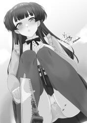  aircraft airplane black_hair black_ribbon black_skirt black_thighhighs blunt_bangs blush commission female fighter_jet giant giantess highres holding_ruler idolmaster idolmaster_shiny_colors inaba_oden long_hair long_sleeves looking_down mayuzumi_fuyuko military_vehicle neck_ribbon open_mouth panties pantyshot ribbon ruler signature skeb_commission skirt solo squatting thighhighs tokyo_tower twitter_username two_side_up underwear white_panties 